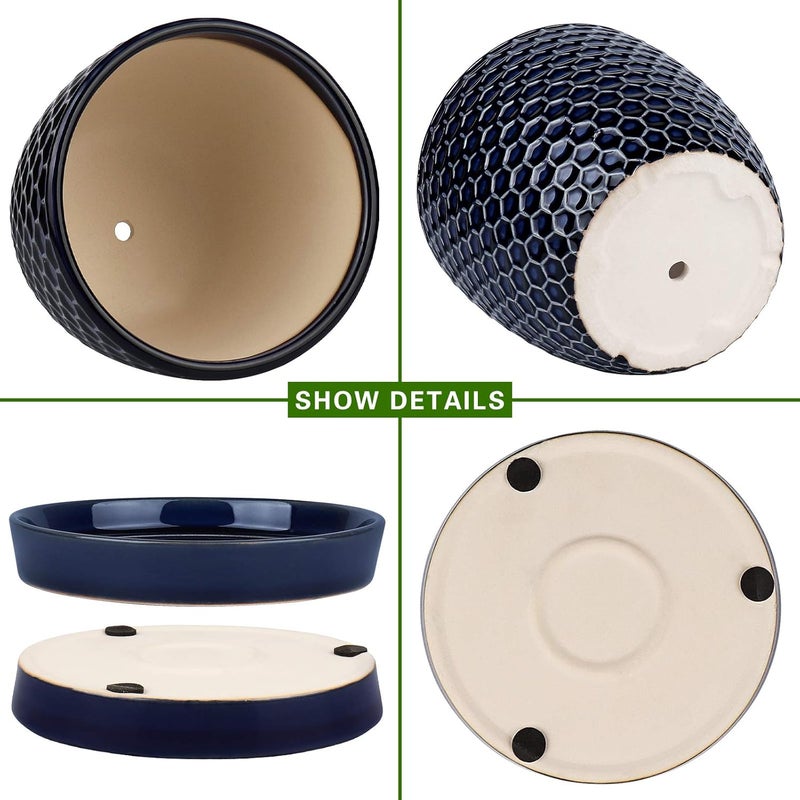Docrin Store Blue Honeycomb Ceramic Plant Pot Set - 6.6"+5.5" Inch, Modern Decorative Planters with Drainage Holes & Saucers for Indoor/Outdoor Home Office - Image 3
